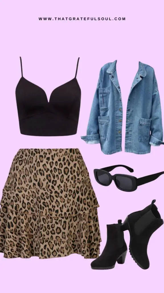 ways to style a denim jacket with leopard print skirt