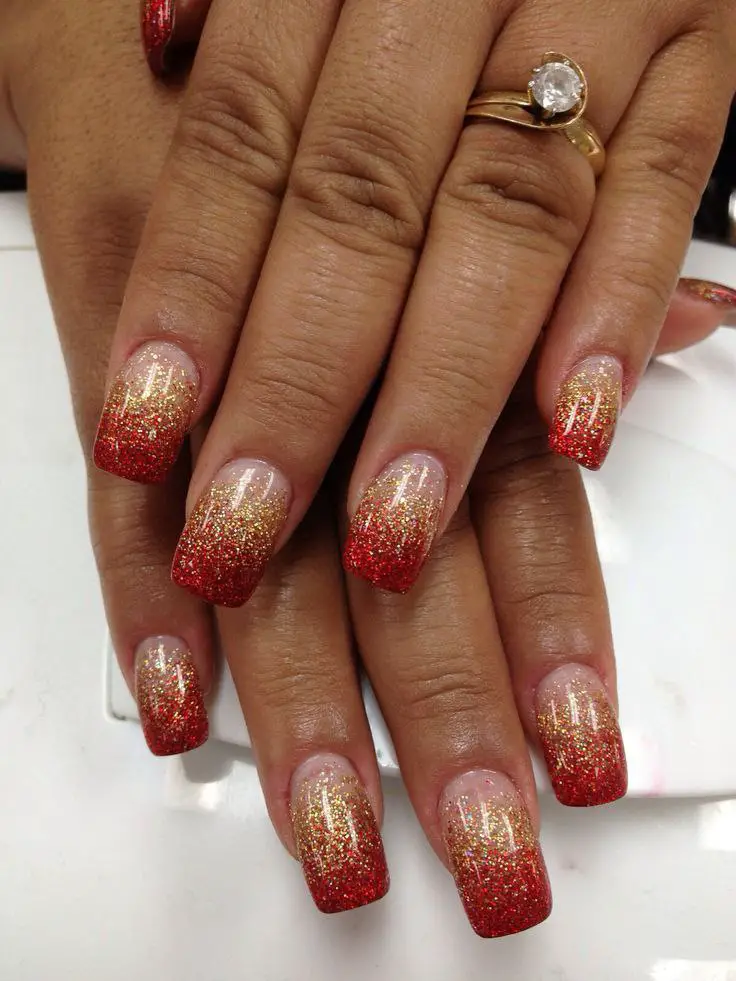 Red and Gold Glitter Ombre Nails