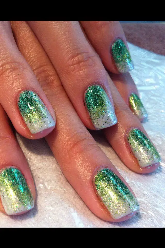 Green and Gold Glitter Ombre Nails