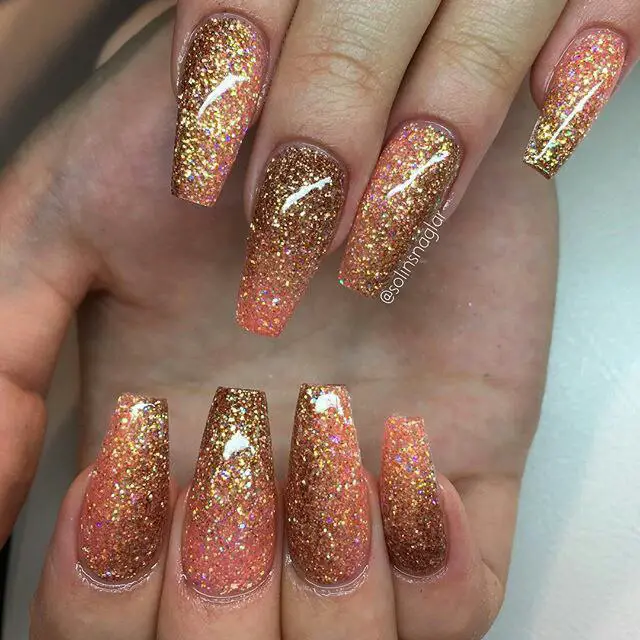 Coral and Gold Glitter Ombre Nails