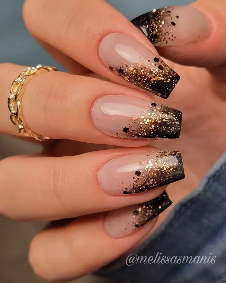 Black and Gold Glitter Ombre Nails