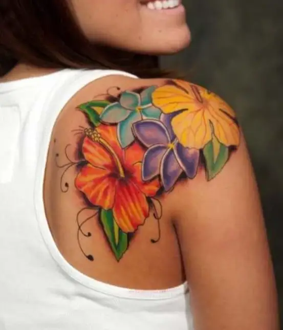 Big Colourful Flowers On Shoulder Tattoo