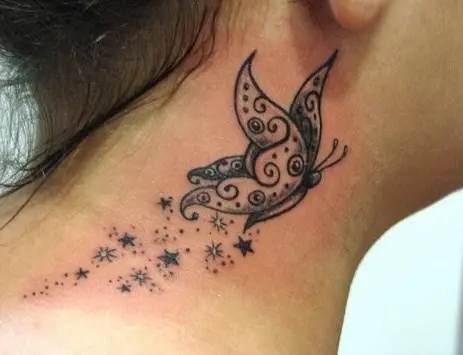 Butterfly Tattoo On The Side Of The Neck