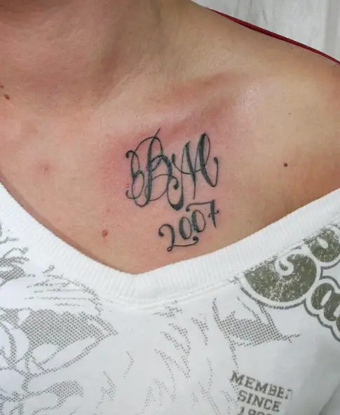 11] Script And Numbers Tattoo Design On Shoulders