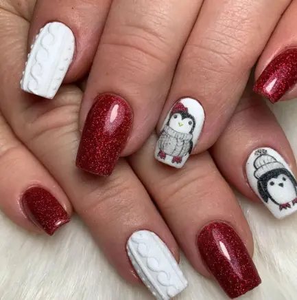 White Sweater, Penguin and Shimmery Red Christmas Nails